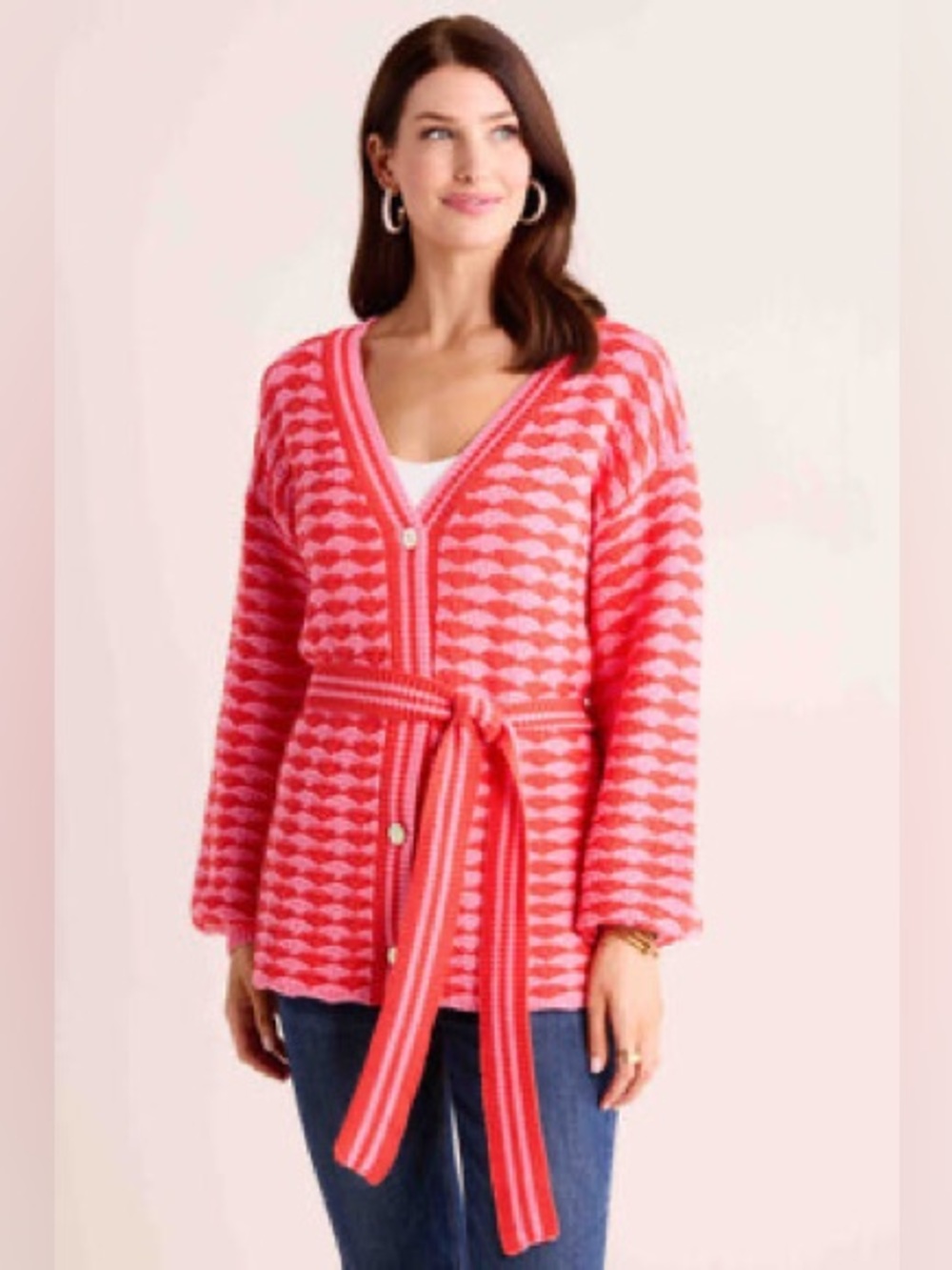 Avara Pink Fan Patterned V-Neck Belted Knit Sweater